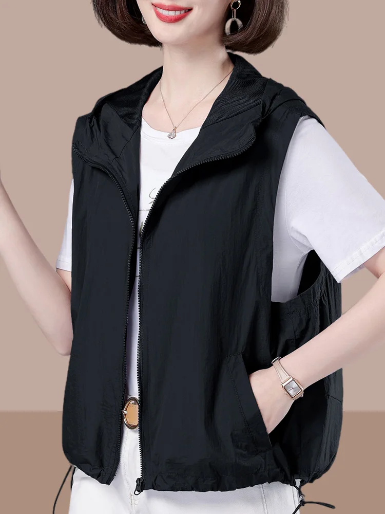 Women's Summer Outdoor Casual Loose Sports Vest Hooded Sun Protection Outerwear Commute Style Short Length Zipper Closure