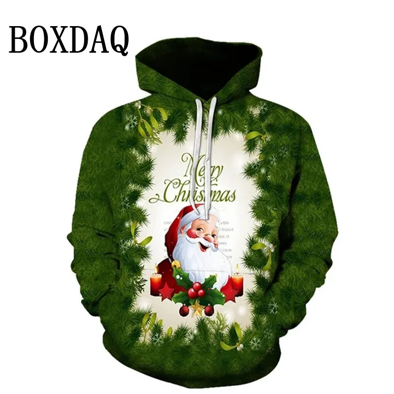 2024 New Winter Christmas Print Sweatshirts Women Funny Santa Claus 3D Pattern Loose Hoodies Casual Long Sleeve Pockets Lady Top