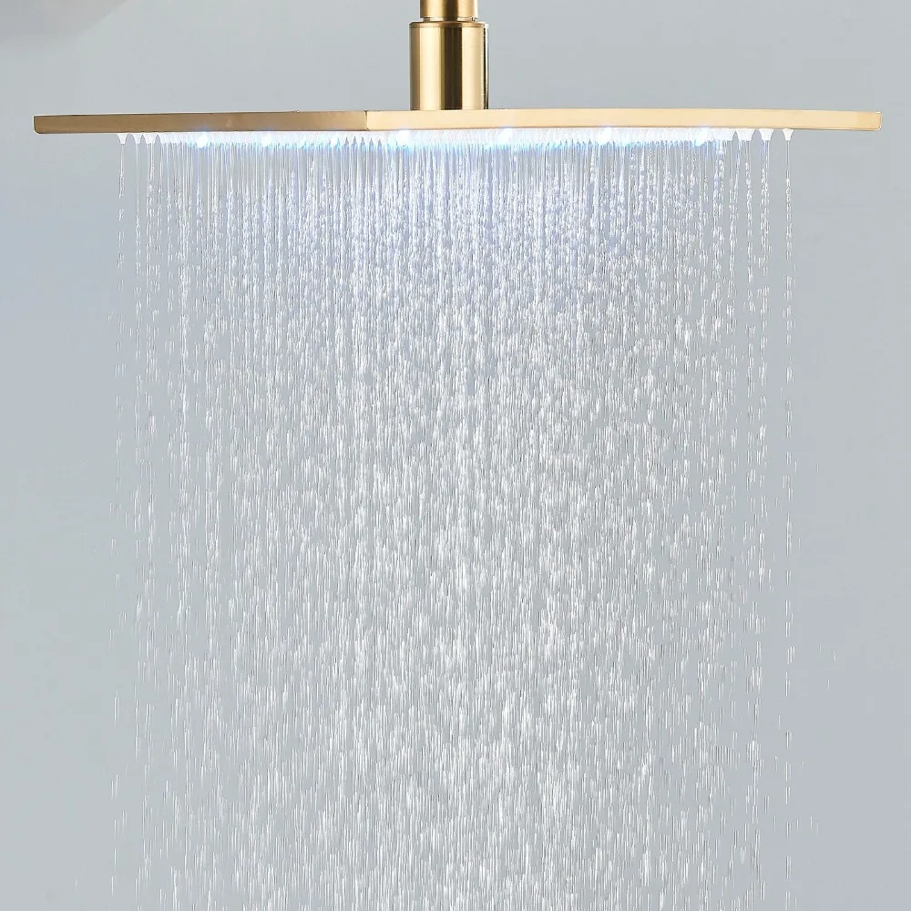 

Brushed Gold 16 in LED Rainfall Shower Head Wall/Ciling Mount Top Sprayer Brass