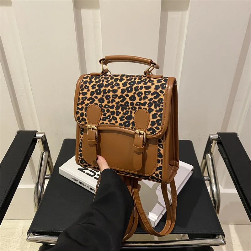 

Women Bag College-style Leopard Print Backpack Student Hand-carried Schoolbag Retro Single-shoulder Backpack Coffee Color Simple