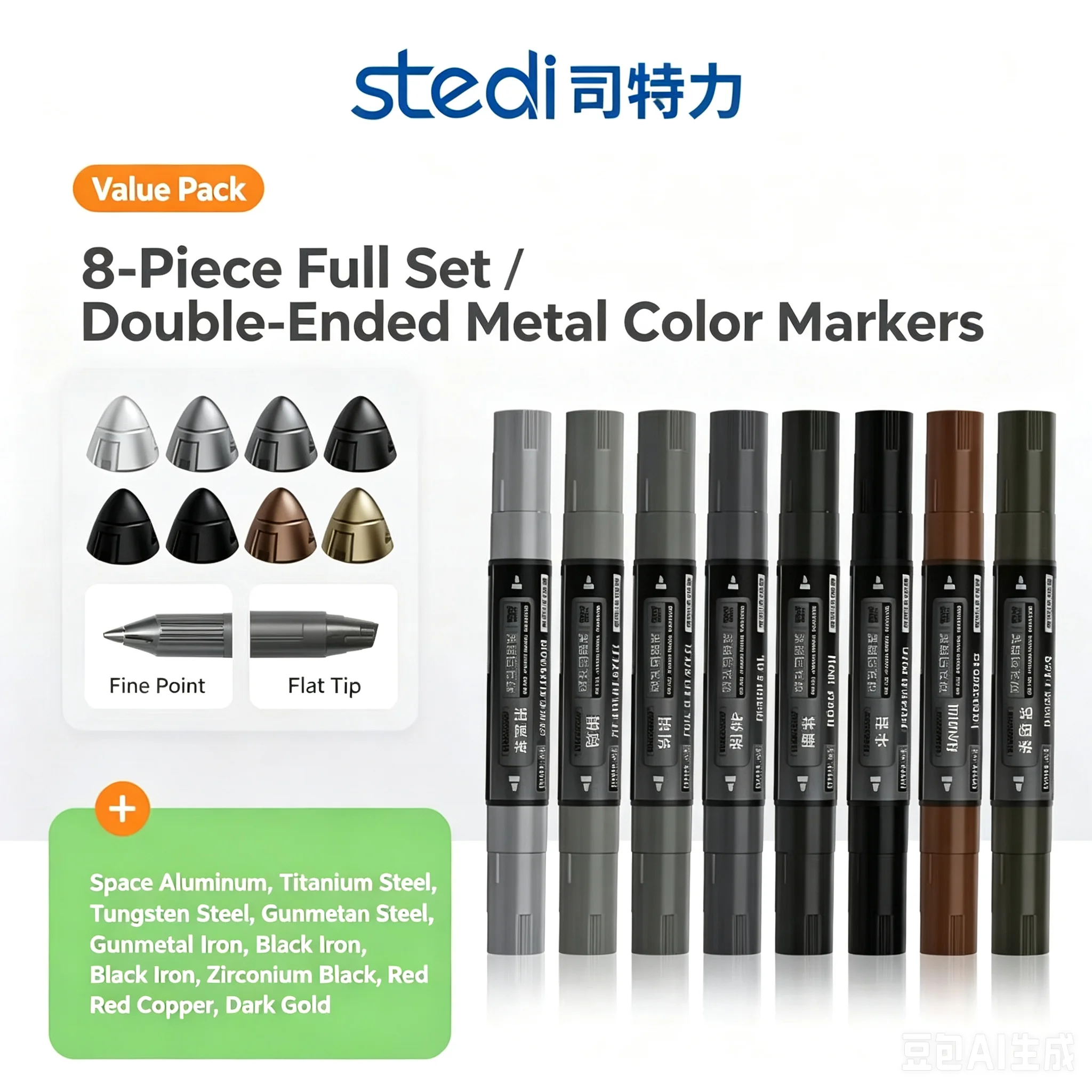 Electroplated Stedi 8pcs Marker Dual Brush Tips Double Headed Water Based Pen for GK Model Coloring Tool Nylon Paint Marker Pens