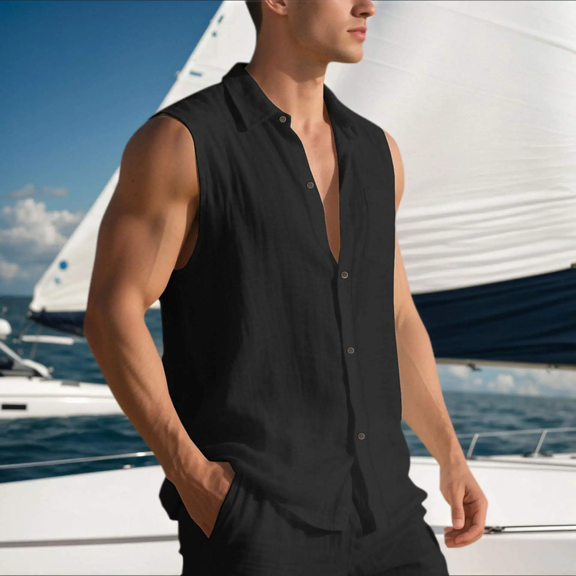 

TUME Men's Casual Linen Shirt Short Sleeve Sleeveless Thin Summer Pure Color Shirt Comfortable Lightweight Breathable