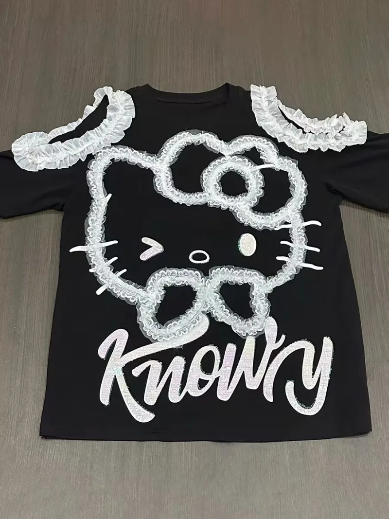 

Summer New Cartoon Hello Kitty Lace Off Shoulder Short Sleeved Shirts for Women Loose Casual Age Reducing Medium Long Black Tops