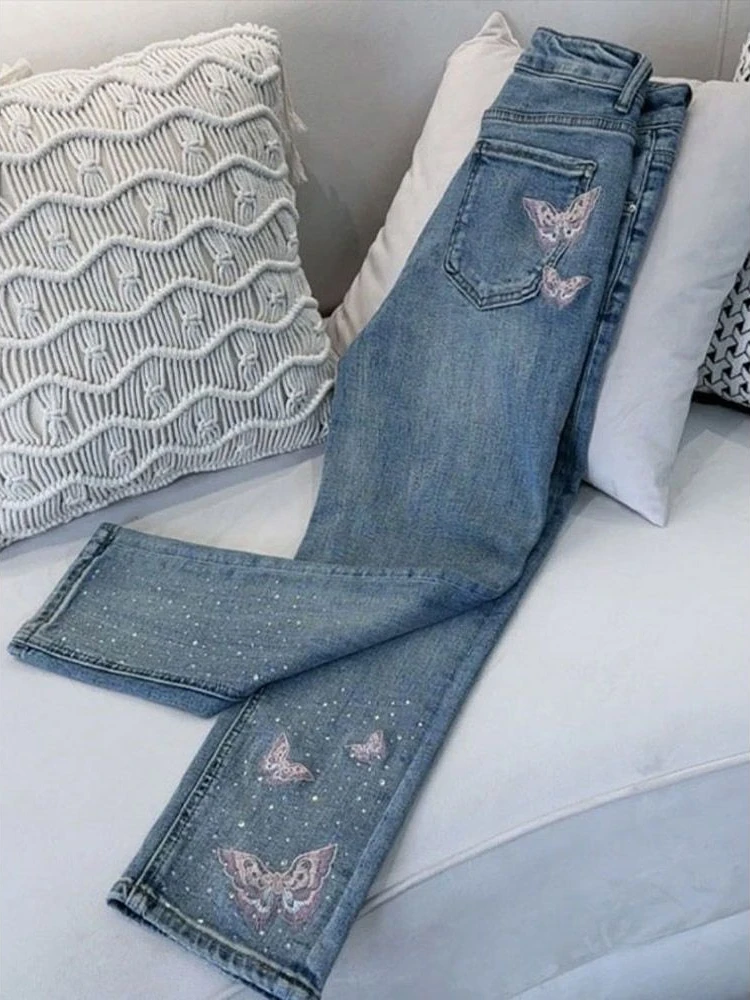 Pantalon en denim brodé avec biscuits pour femme, jean court, jambe droite, vêtements baggy originaux, commande fjgy