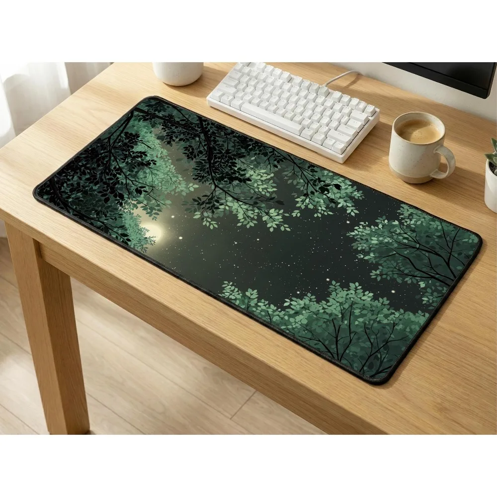 Midnight Moon Forest Desk Mat: Nighttime Woods Mouse Pad, Celestial Office Decor, mousepad profissional alfombrillas gaming
