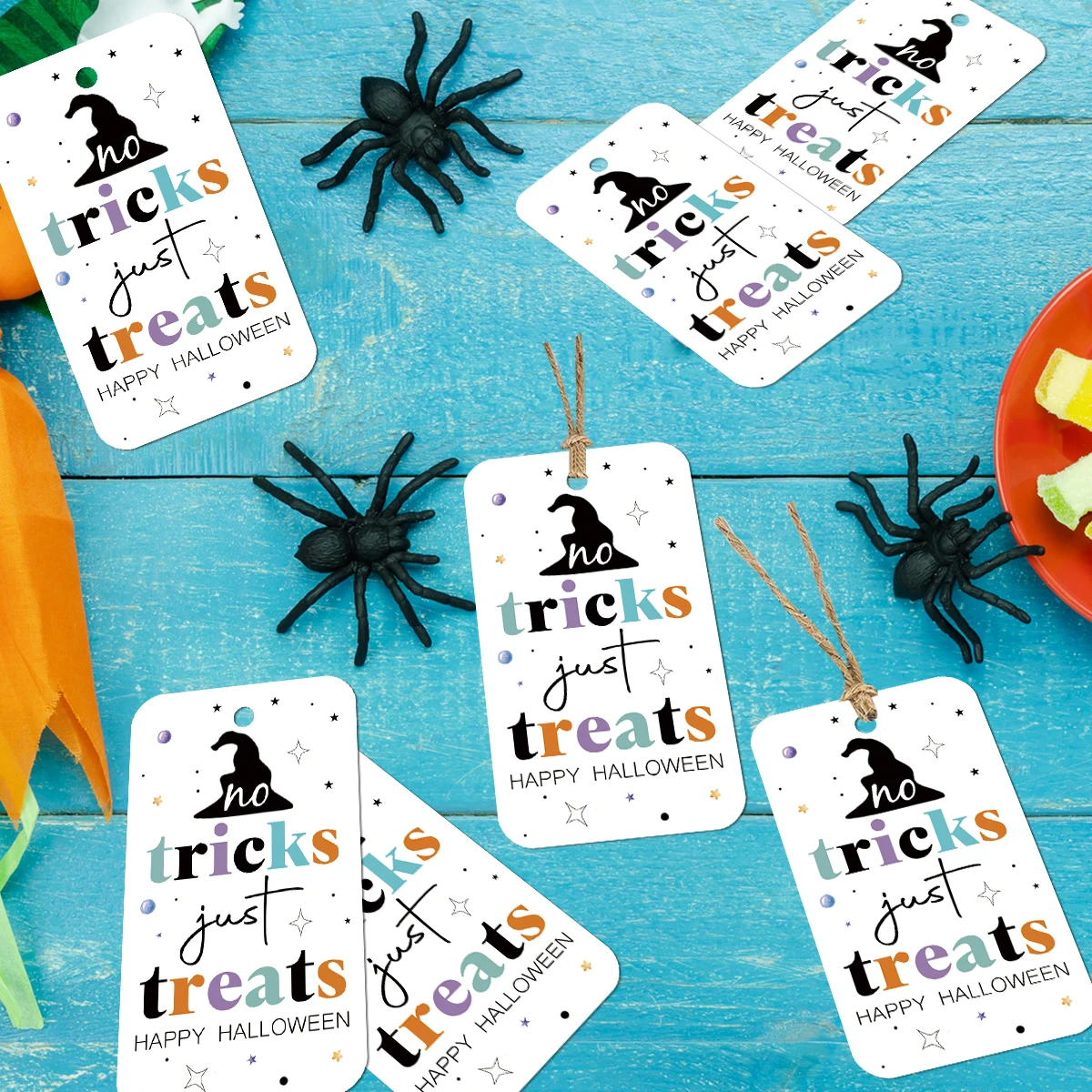 50pcs Halloween'no Tricks Just Treats'hanging Tags With Hemp Rope,Halloween Decor Party,Goodie Bag,Small Business Gift Packaging
