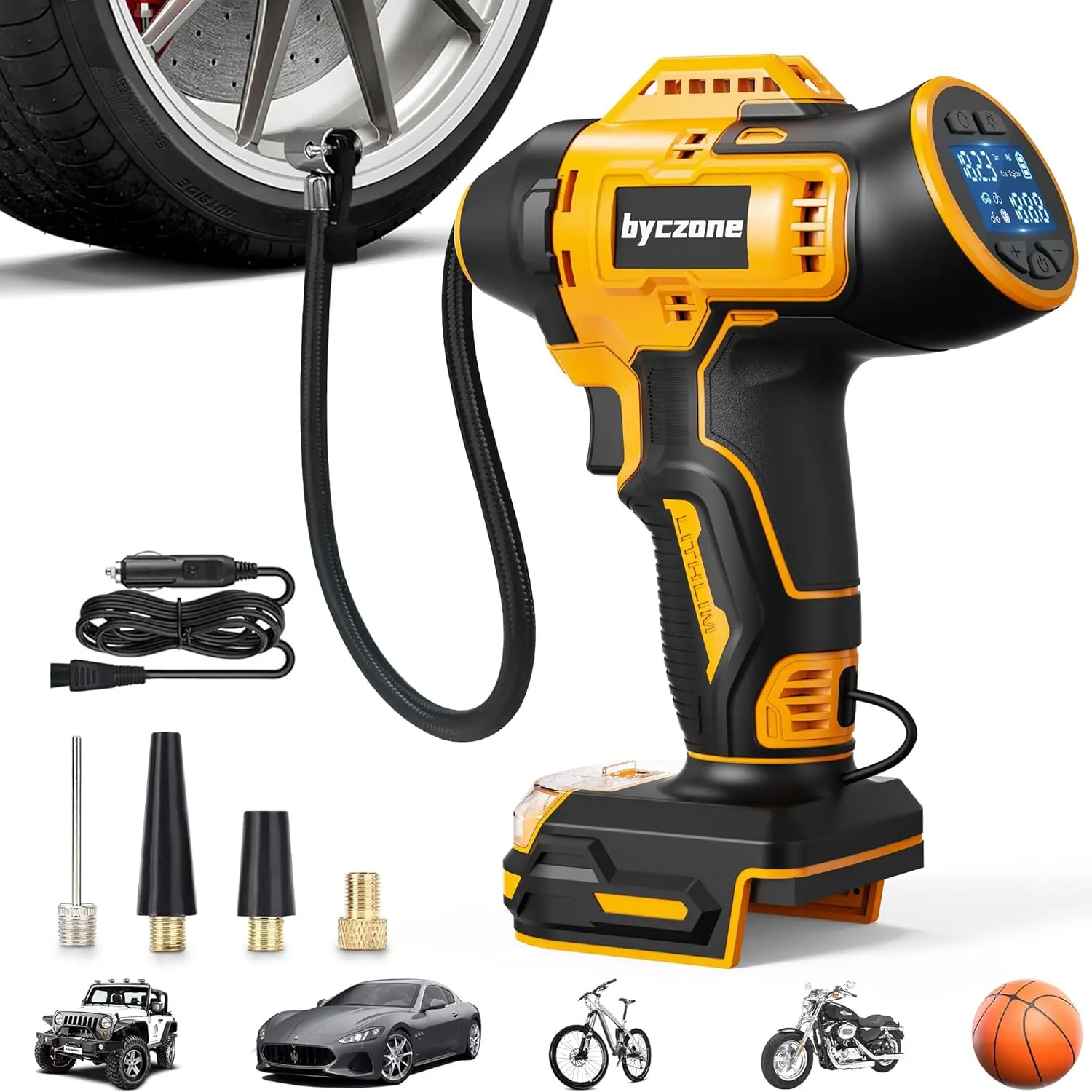 

Tire Inflator 20V Max, 160 PSI Air Compressor with 12V DC Adapter, LCD Digital Gauge for Car, Bike, Ball (No Battery)