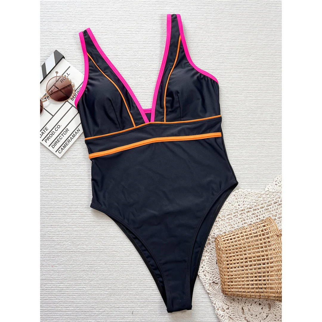 Neuer, tief ausgeschnittener Damen-Badeanzug mit V-Ausschnitt, einteilig, mit hohem Beinausschnitt, gepolstert, Monokini, Badebekleidung, Badeanzug, Modell V6027. – Detail 10