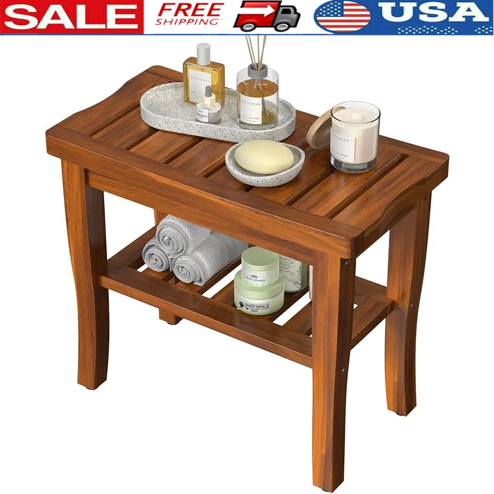 

Wooden Teak Shower Bench with Storage Shelf Waterproof Non-Slip Feet Curved Design Easy Assembly Bathroom Stool Elderly Safety