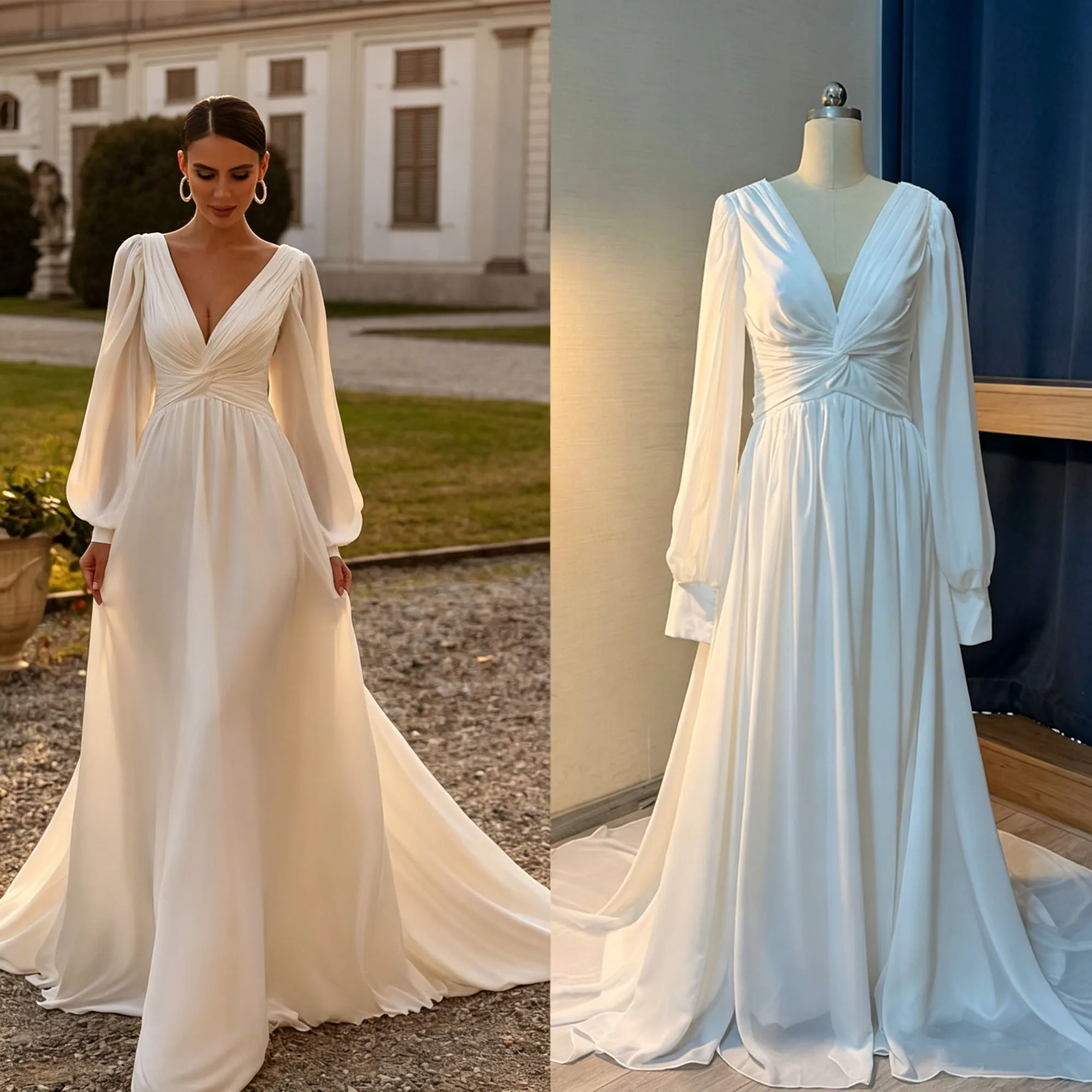 MCDV Chiffon A-Line Wedding Dresses Puff Sleeve V Neck Backless vestido de casamento noiva Civil Bride Party Gowns Customized