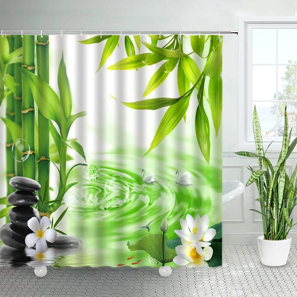 3D Black Stone Green Bamboo Zen Shower Curtain Set Purple Orchid Buddha Natural Landscape Bathroom Decor Polyester Bath Curtains