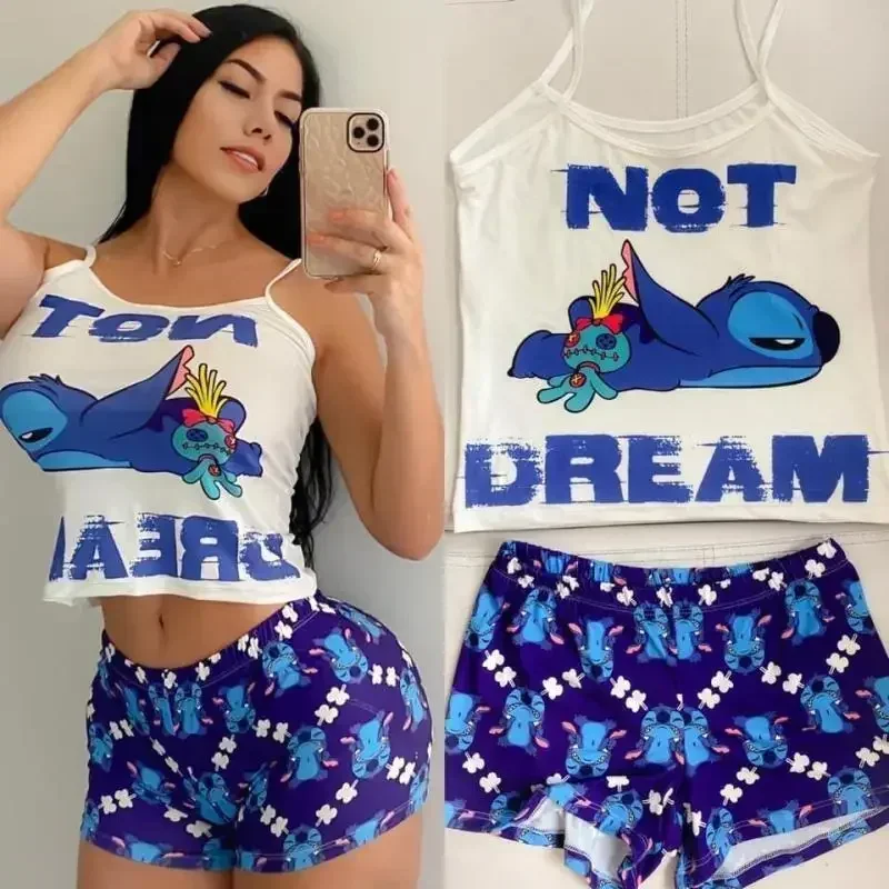 Kawaii Disney Stitch T-Shirt Short-Sleeved Summer Cartoon New Two-Piece Yoga Suit Sports Shorts Suit Sexy Suspender Pajamas Suit