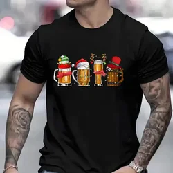 Merry Christmas Beers Men's T-shirt Drinking Lover Tees Shirt Funny Santa Beer Christmas Lights Graphic Oversized Tops for Men