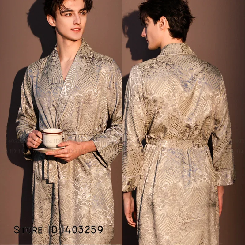 

French Style Jacquard Men's Robe Kimono Gown Spring Summer Ice Silk Bathrobe Sleepwear Loose Casual Ice Silk Homewear Loungewear