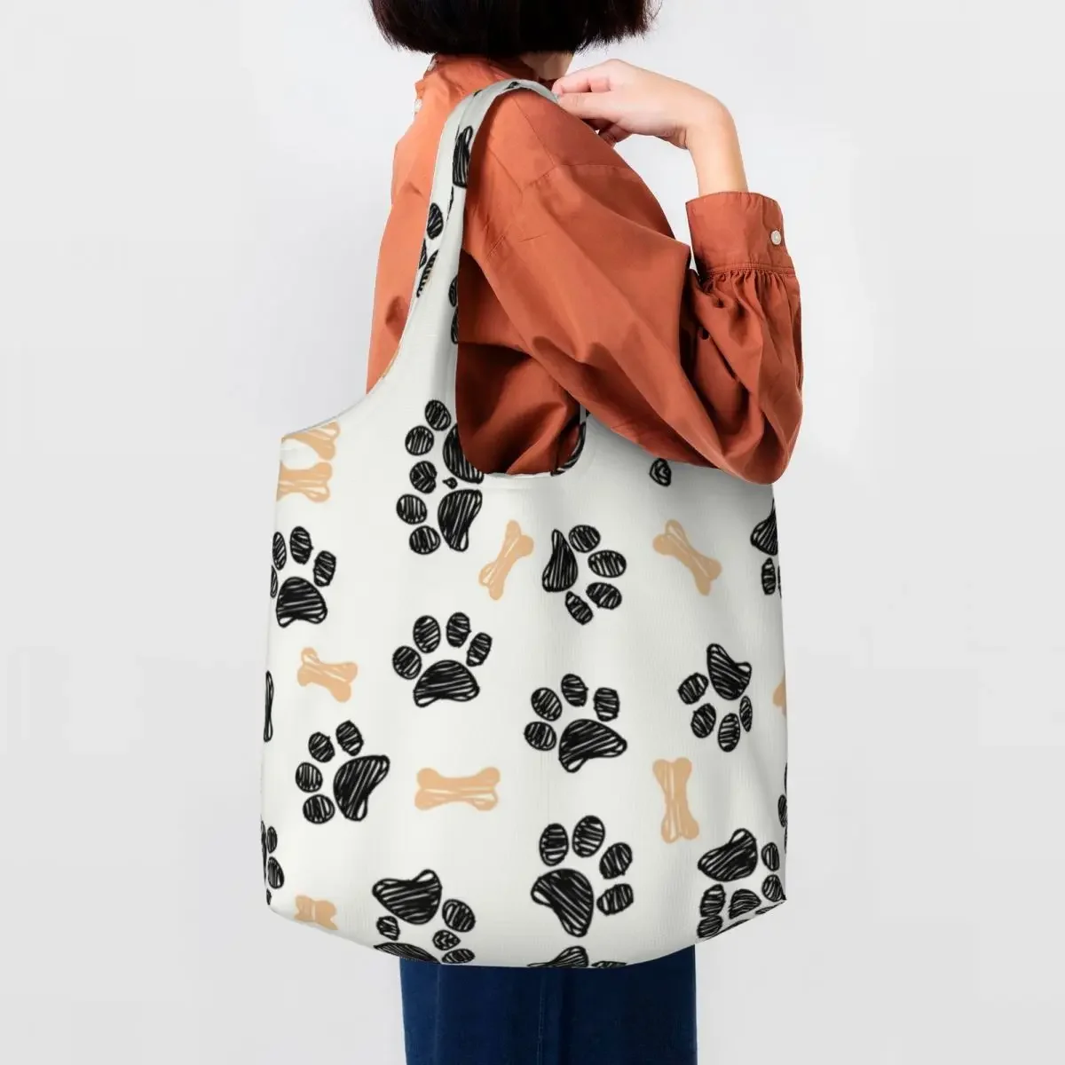 Dog Footprint Bone Shopping Bag Women Shoulder Canvas Tote Bag Durable Animal Paw Lovers Grocery Shopper Bags Handbags Gifts