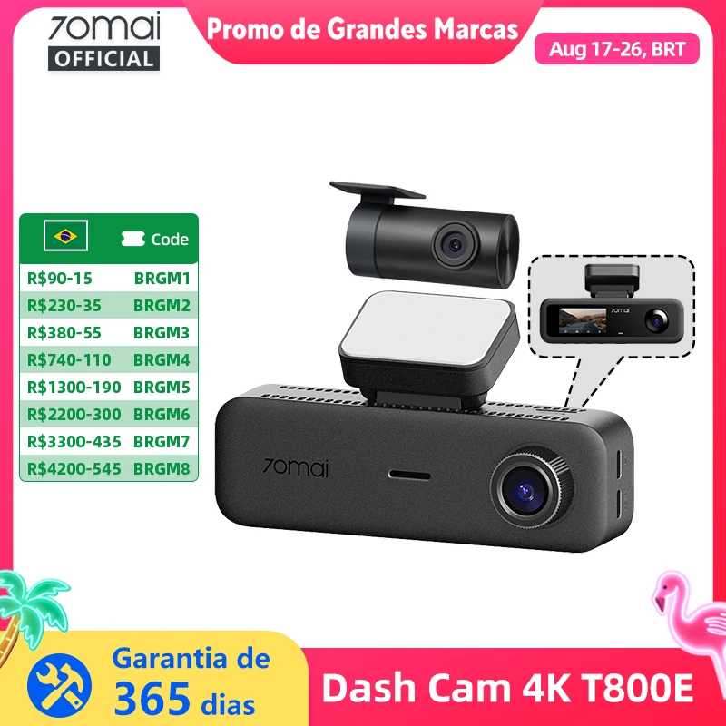 Câmera Veicular 70mai T800E de 3 Canais: Frontal 4K + Traseira 1080P + Interior 1080P, HDR, Supercapacitor, Estacionamento 24H, GPS, Controle por Voz, Wi-Fi 6