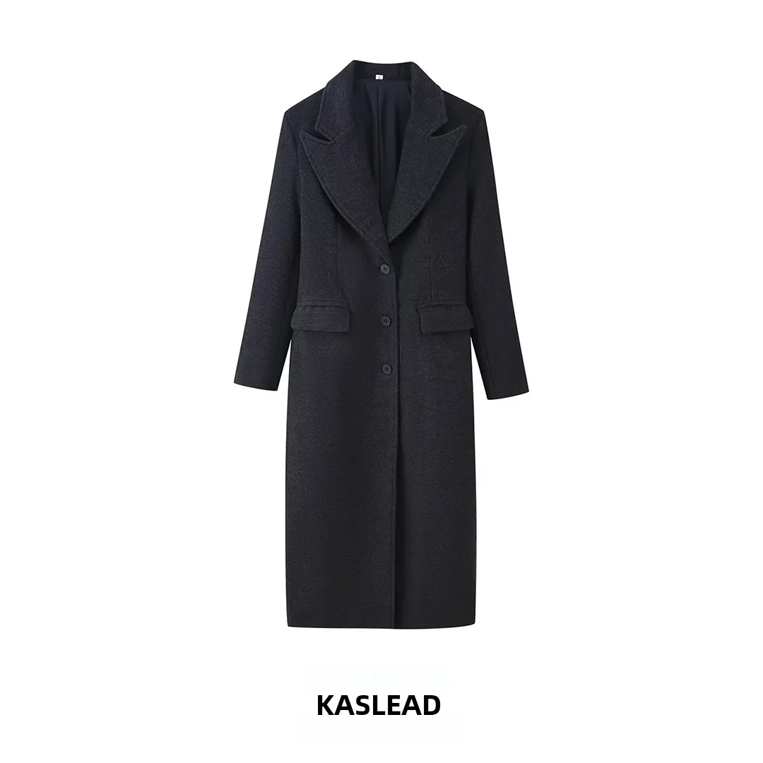 

KASLEAD New Women's Faion Simple Tee-Button Long Woolen Coat Jaet Ele Outerwear Polyester Fiber Winter Season