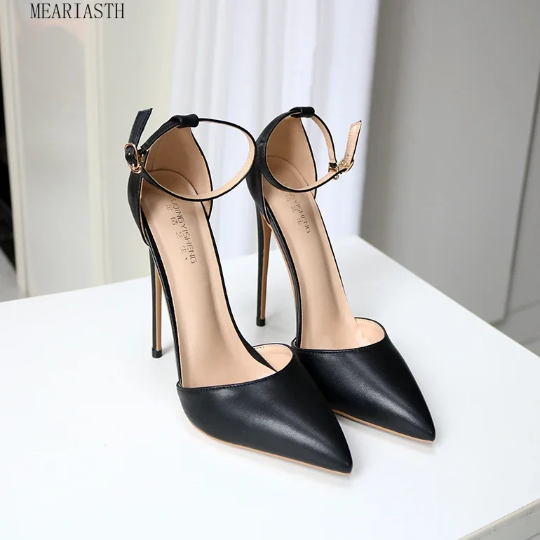 Meariasth polos Nude wanita Matte tali pergelangan kaki ujung runcing Stiletto pompa elegan D'Orsay gaun hak tinggi sepatu 8cm 10cm 12cm