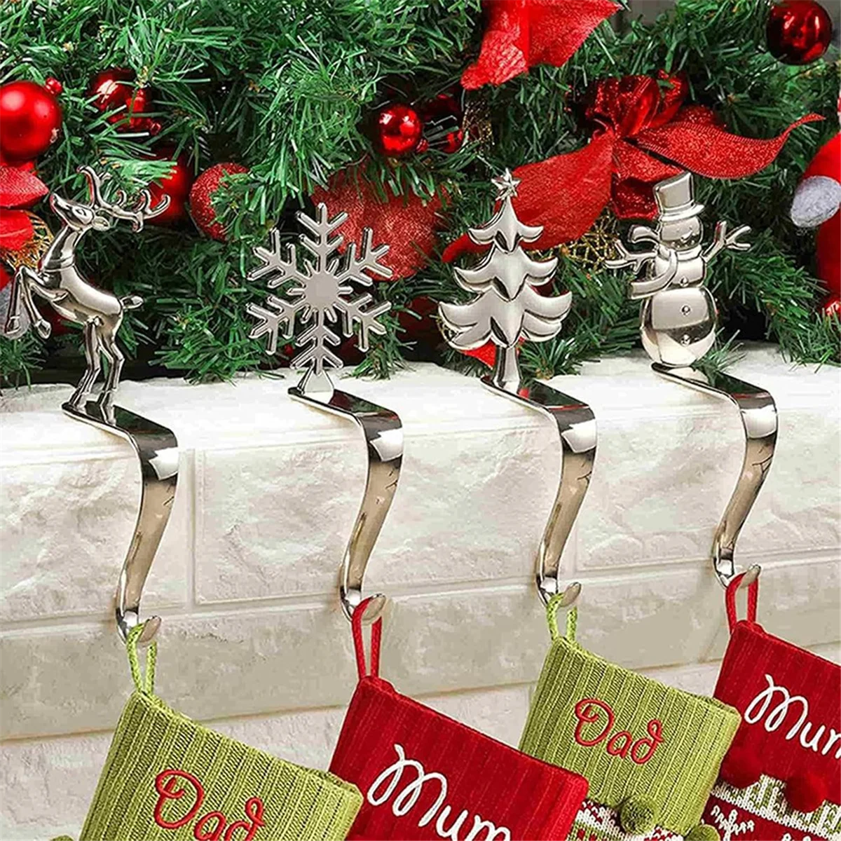 Christmas Stocking Holder, Mantel Hook Silver Color Snowflake Tree Holiday Decoration Xmas Gift Bag Sock