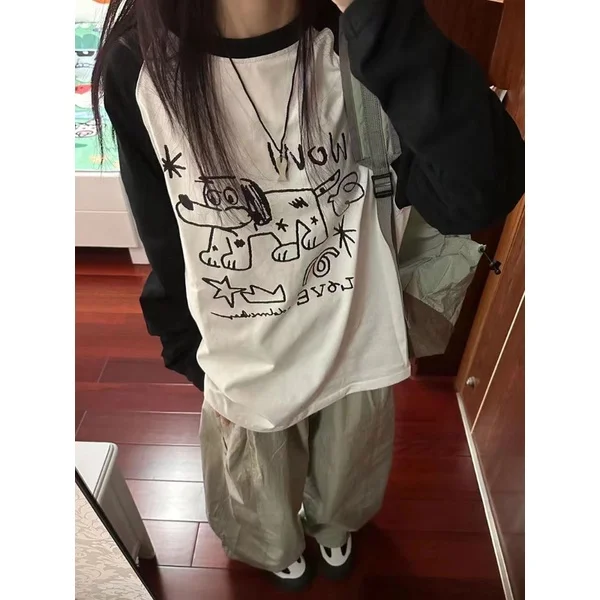 Korean Version Loose Cute Printed Women's Long Sleeved T-shirt Fashion Stitching Casual Versatile Round Neck Top