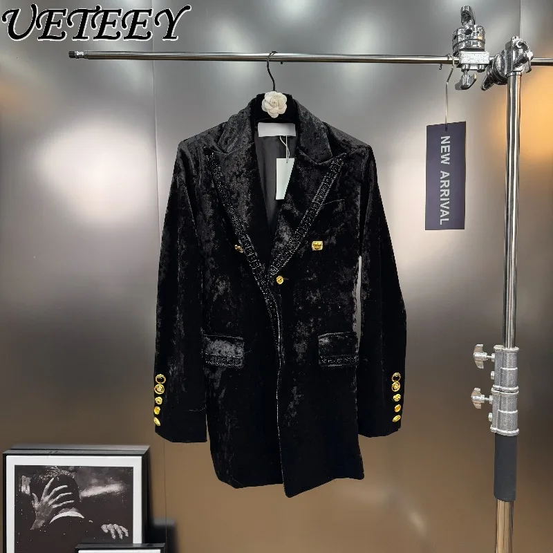 2025 الخريف المتخصصة مشبك معدني ثقيل سستة مطرز كم طويل المخملية السترة معطف المرأة ركاب الأعمال سترة سوداء