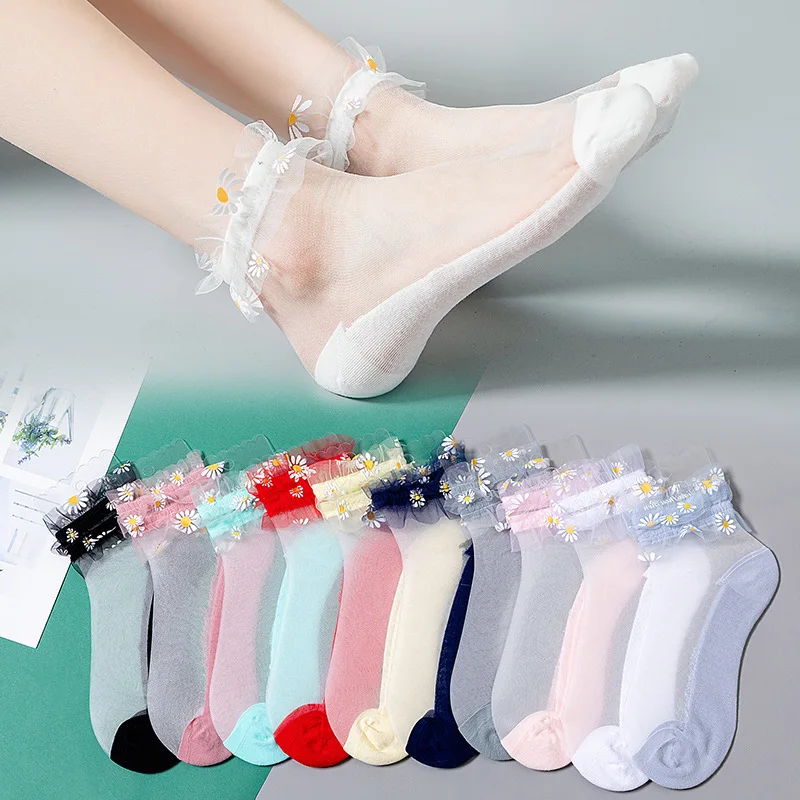 Hand Sewing Little Daisy Glass Stockings Internet-Famous Crystal Silk Socks Women's Summer Thin Mesh Princess Lace Boat Socks