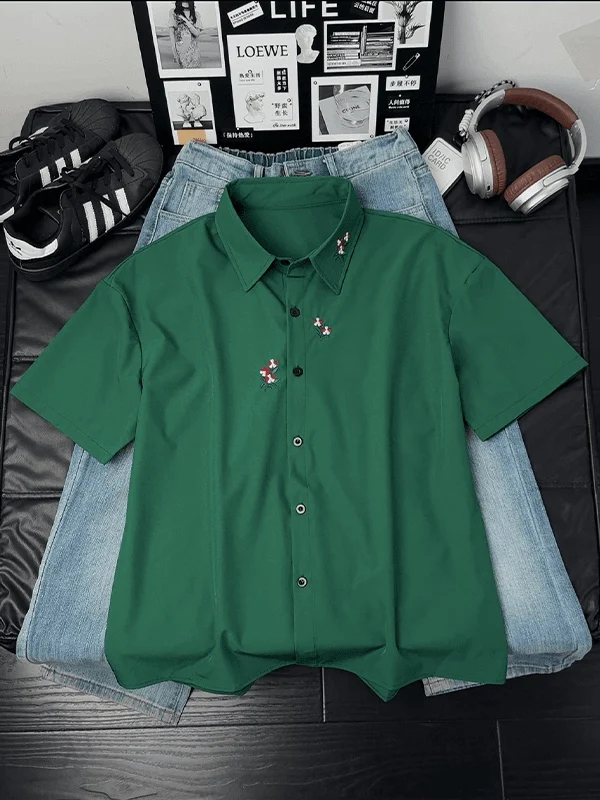 

New Chinese Style Floral Embroidery Ice Silk Short Sleeve Men's Shirt Summer High Coolness Five Sleeve Handsome Shoulder Shirt