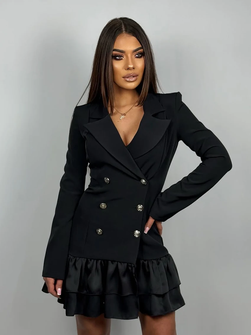 Marthaqiqi Black Fashion Ladies Nightgown Sexy Turn-Down Collar Pajamas Long Sleeve Sleepwear Mini Dress Spring Female Nightwear