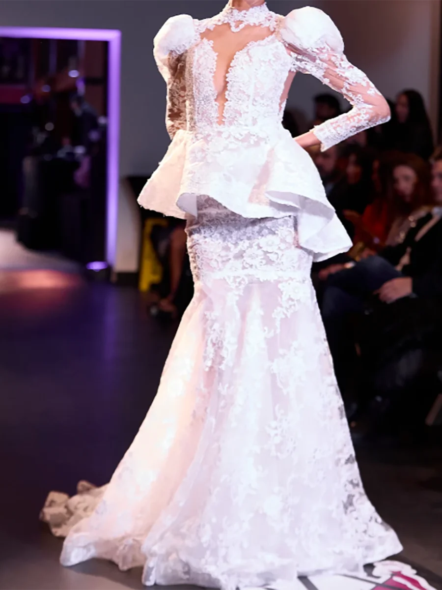 أنيقة عالية الياقة نفخة الأكمام الدانتيل Ruched حورية البحر فساتين زفاف العروس أثواب الزفاف حسب الطلب