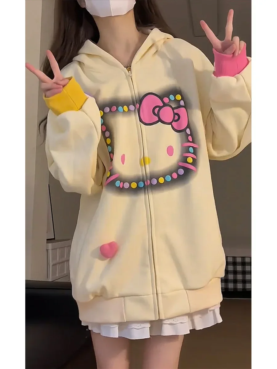 Sanrio Hello Kitty Hooded Sweatshirts for Women College Style Sweet Cool Couple Hoodies Lady Loose Casual Kawaii Cardigan Jacket