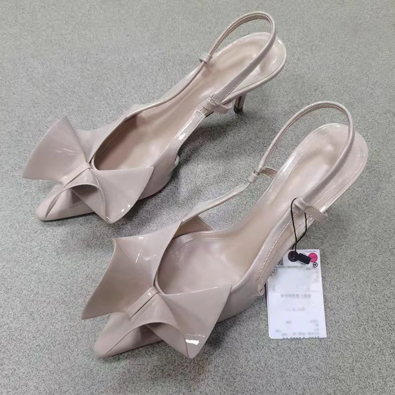 Chic Bow Beige Stilettos Slingbacks Pumps Women Point Head Mid Thin Heels Sandals Summer Versatile Elegant Shoes For Woman New