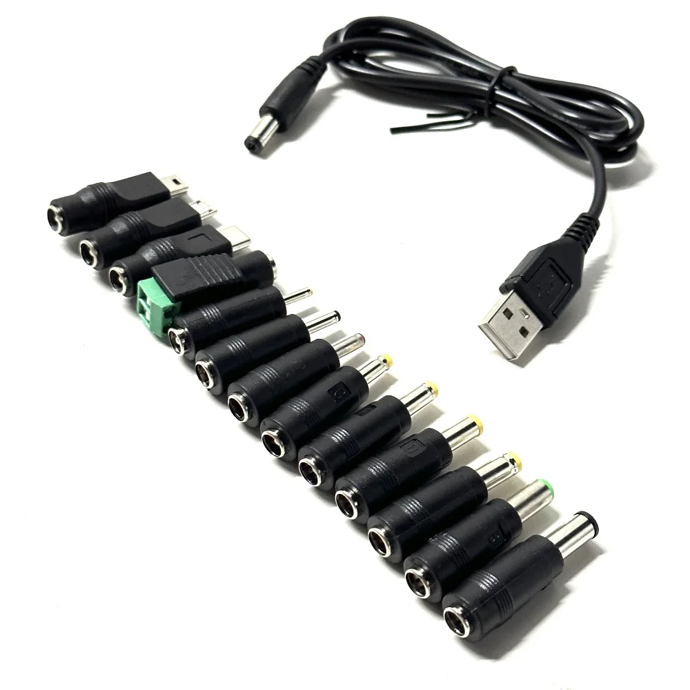 Universal USB to DC Power Cable Cord 5.5x2.1mm Jack With 13 Interchangeable Plug Adapter Micro USB Type-C