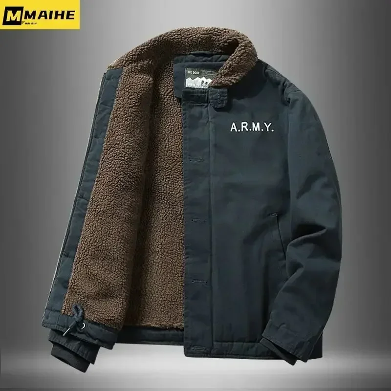 Chaqueta holgada informal de algodón para hombre, abrigo de caza de lana de cordero, chaqueta de trabajo cálida con cuello de piel gruesa, alta