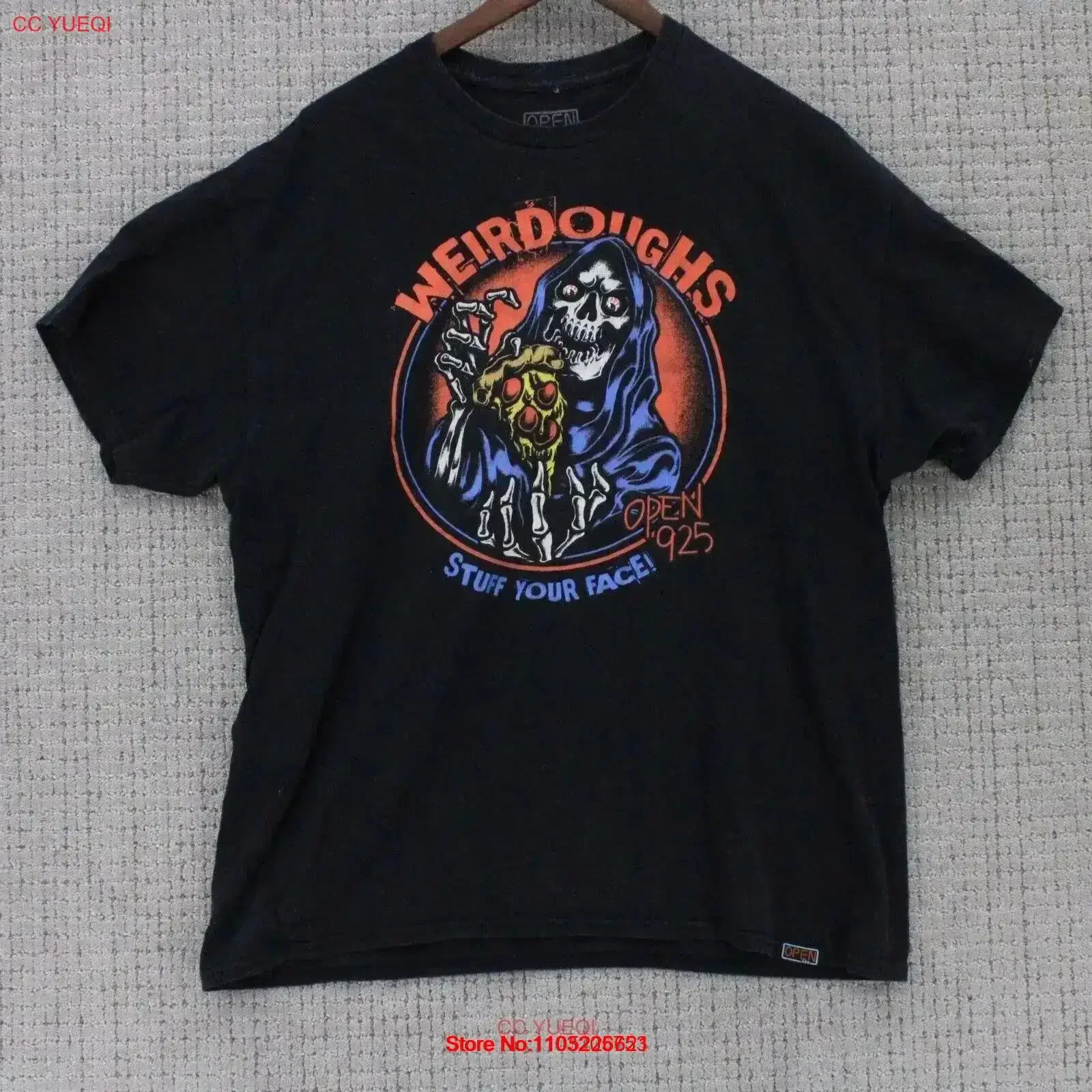 Open 925 Clothing T Shirt Mens XL Black Weidoughs Skull Pizza vintage Washed Top For Everyday Wear streetwear Comfortable