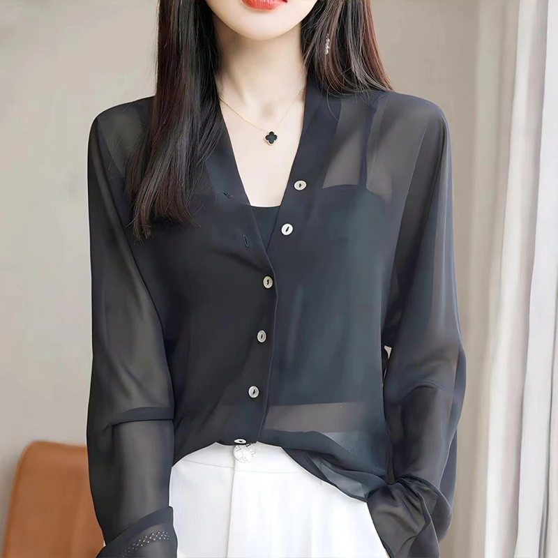 Spring Summer New Solid Color Shirt Women V-neck Long Sleeve Button Patchwork Cardigan Elegant Thin Style Sheer All-match Tops