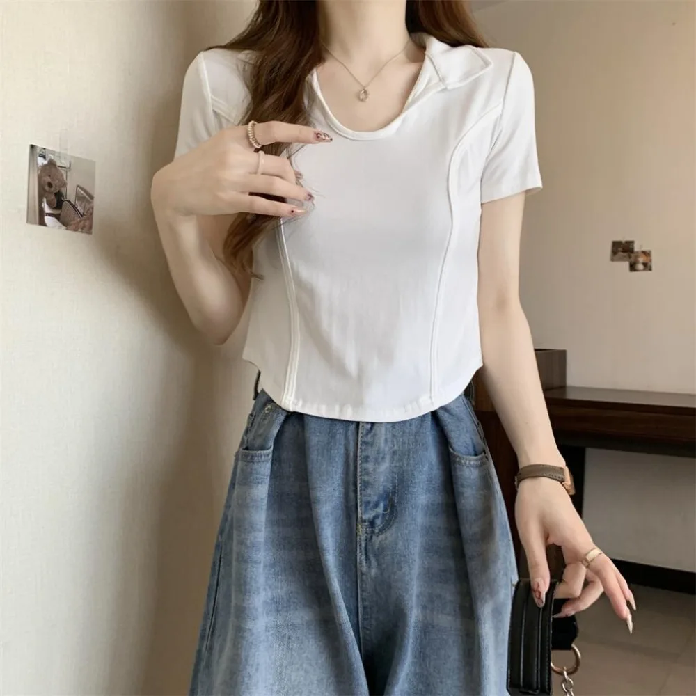 

Soft V-neck Short Sleeve T Shirt Slim Fit Pullover Y2k Crop Tops Women All-match Fish Bone Polo Neck Blouses Female