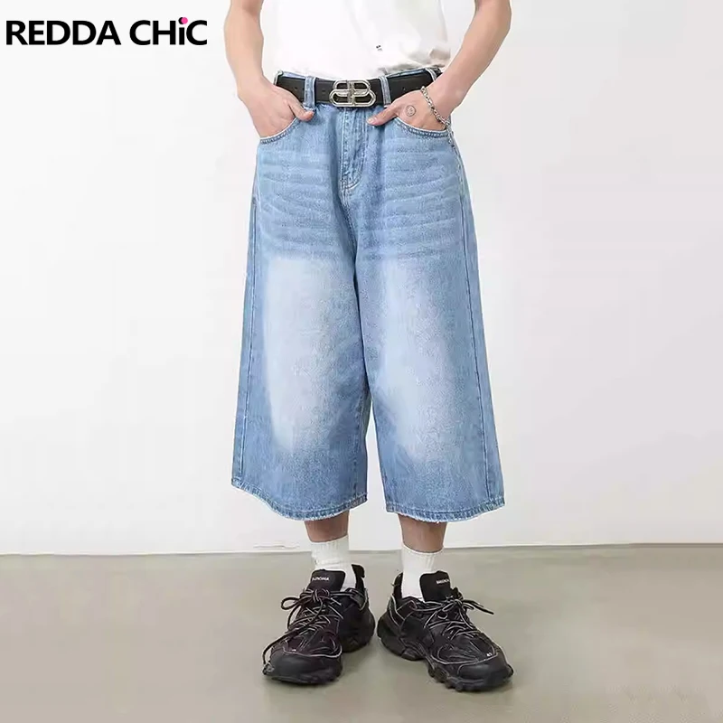 

REDDACHiC Retro Blue Brushed Denim Shorts Men Distressed Whiskers Wide Leg Pants Frayed Baggy Jeans Jorts Korean Y2k Streetwear