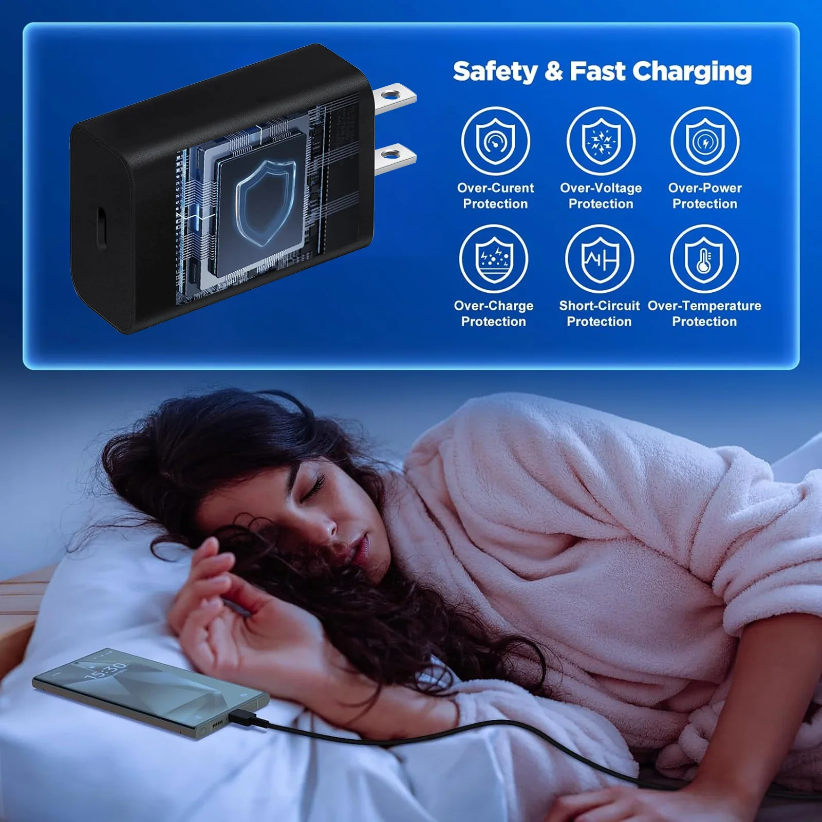 For Samsung 2024 New 15W Charger Fast Charging Cable 6.6FT Feet with USB Wall Charger Block, Dual C Port Data Cable