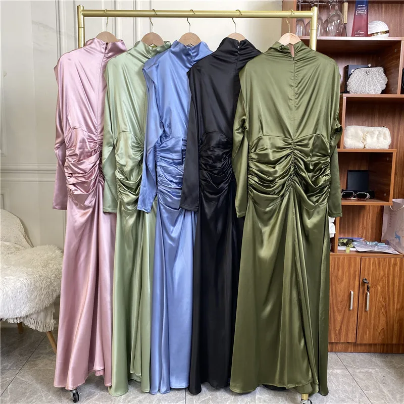 

Ид Абая мусульманское женское атласное платье с рюшами плиссированное вечернее платье арабское тонкое турецкое длинное платье ислам Vestidos Дубай Кафтан