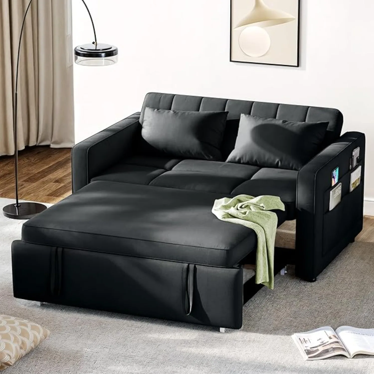 Sofá-cama conversível 3-em-1, cama dobrável, sofá-cama Futon de veludo, encosto ajustável e bolso lateral, 55 polegadas