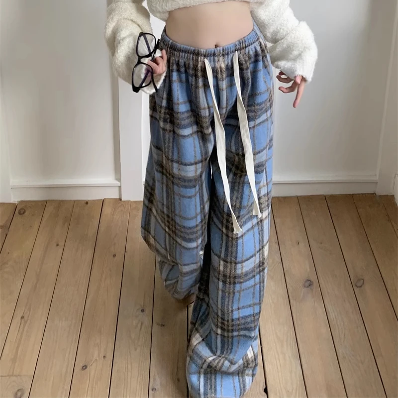 Winter Fashion Tweed Woolen Plaid Pants Full Length Elastic Waist Loose All-match Trousers Varsity Lady Streetwear Korean Women