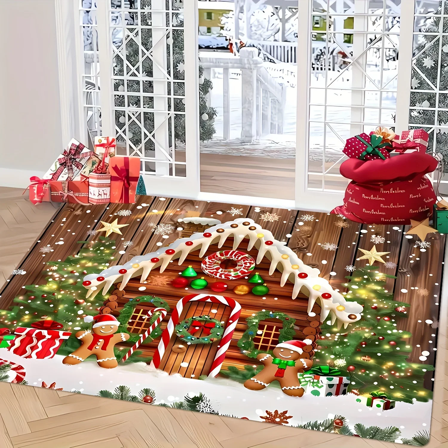 1 Christmas Doormat, Designed with a Gingerbread House and Christmas Tree Pattern, Made of Flannel, Machine Washable, Suitable f
