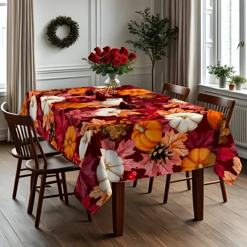One Thanksgiving tablecloth, featuring designs of pumpkins, maple leaves and pinecones, for the Thanksgiving table, yzb