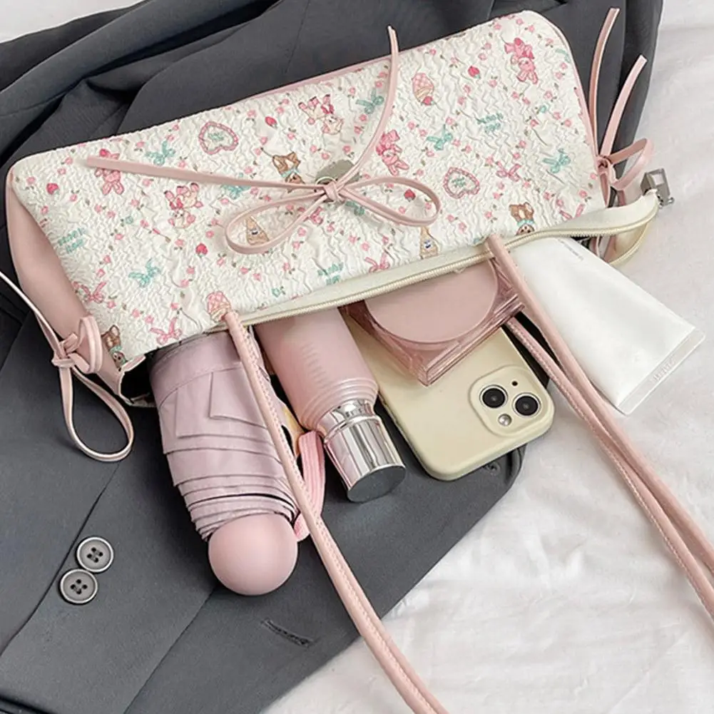 かわいいかわいいレディースバッグ甘いスタイルハイエンド脇の下バッグボウプリントバッグファッションシングルショルダーハンドバッグトレンディなかわいい小さなバッグ