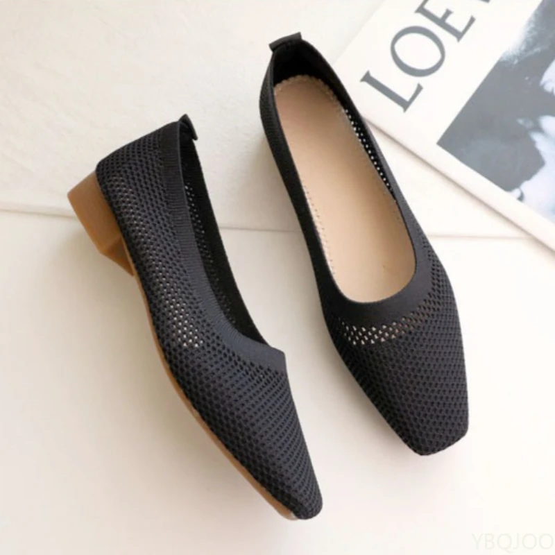 Square toe low heel soft soled women's shoes for spring summer new styles mid heel casual shallow mouth breathable shoes