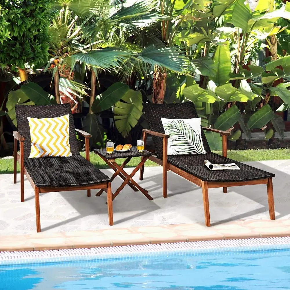 3 Pieces Outdoor Chaise Set, Wicker Rattan Lounge Chair w/Acacia Wood e, 4 Adjustable Positions Patio Wicker Lounge Set & oldabl