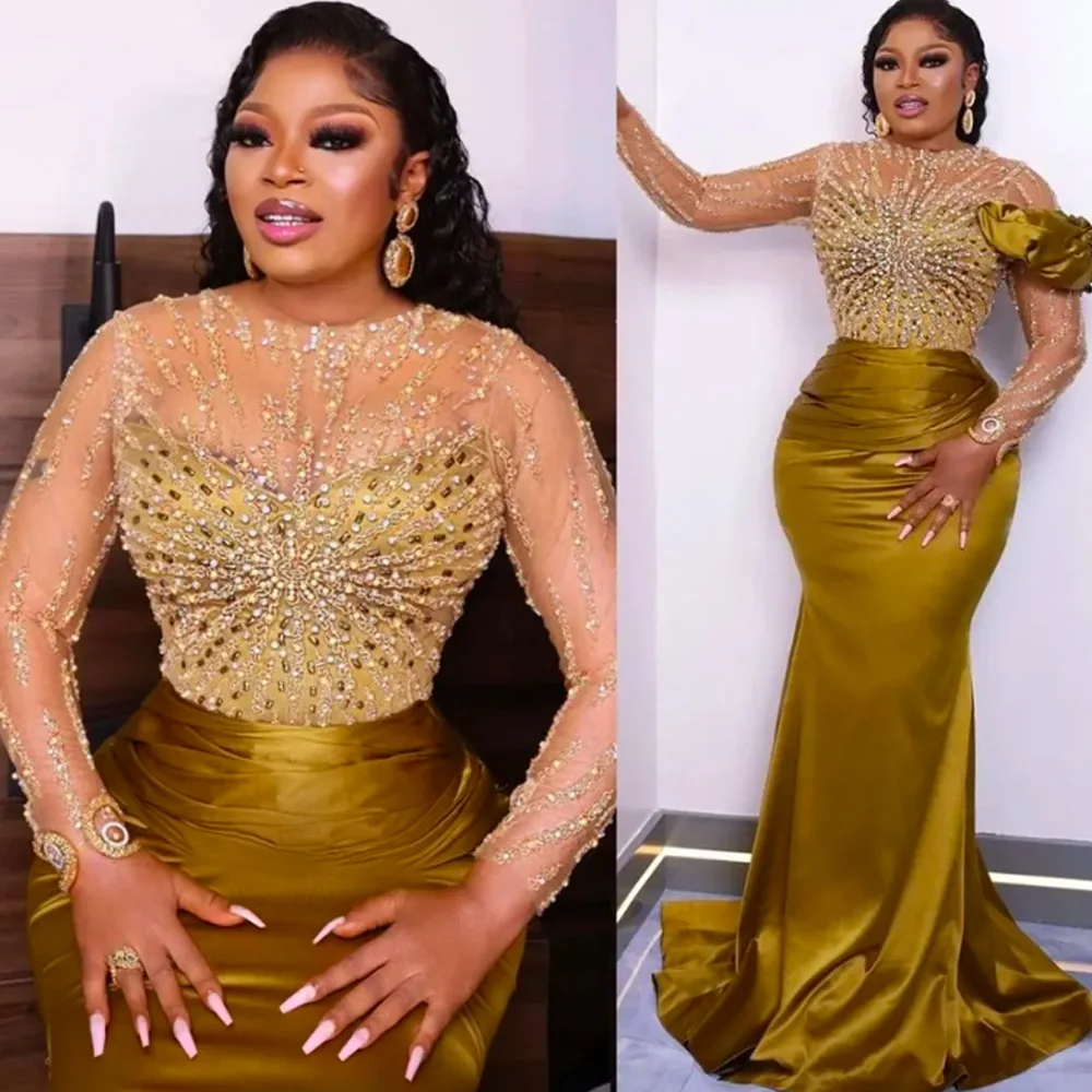 2023 Árabe Aso Ebi Ouro Sereia Prom Vestidos Frisado Cristais Noite Festa Formal Segunda Recepção Aniversário Vestidos De Noivado