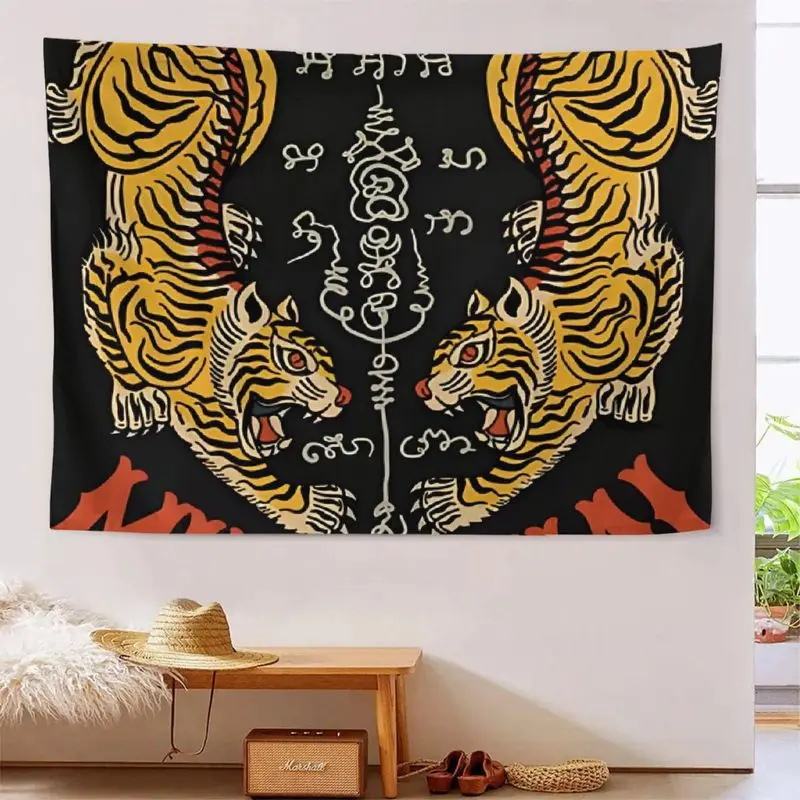 VIKAMA Vintage Twin Tiger Tapestry, Traditional Thai Sacred Rune Totem Wall Hanging, Exotic Aesthetic Home Decor Tapestry