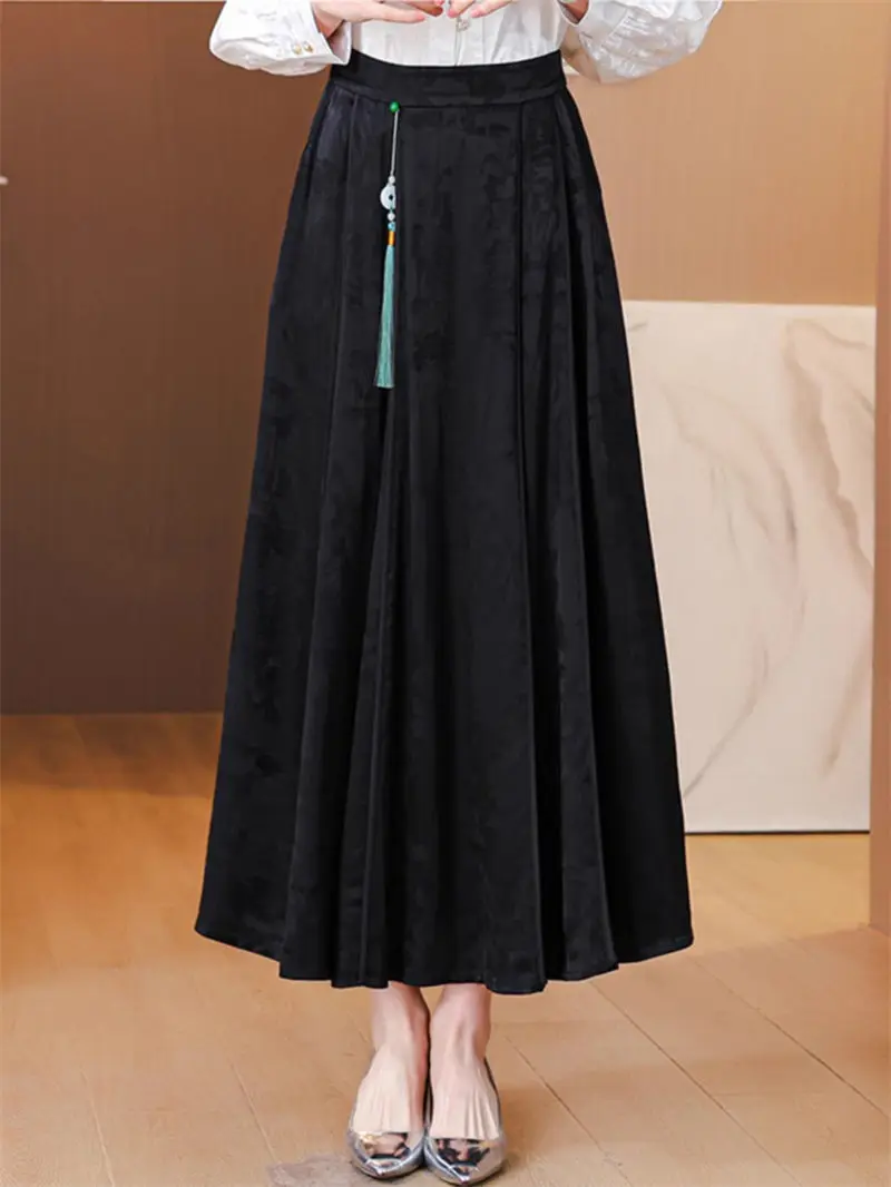 

Китайская юбка Hanfu премиум-класса - роскошный шелковый дизайн с лицом лошади, винтажный черный жаккардовый женский культурный наряд G538