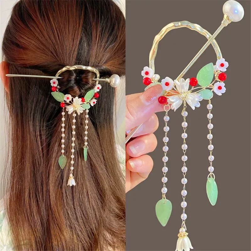 

Women Ladies Casual Tassels Pearls Fiower Alloy Hair Sticks Chinese Style New Headwear Hairpin Female Festivals Hair Accessories